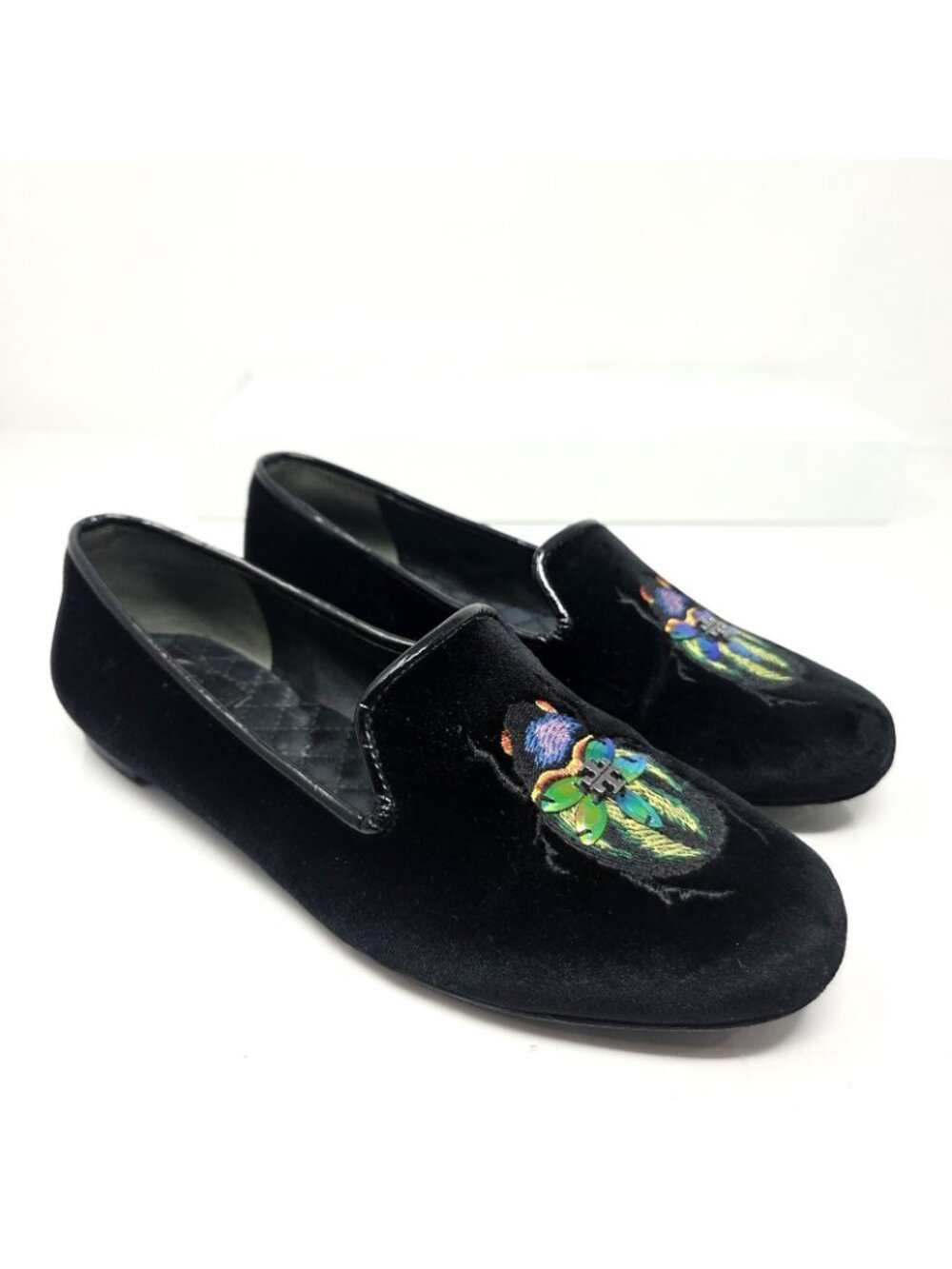 TORY BURCH Easton Black Velvet Slipper Loafer Flats embroidered beetle logo 7 M - Picture 6 of 10